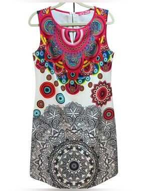 101 Idees Dress Large Multicolor Mandala Shift Mini Sleeveless Art Pop Colorful